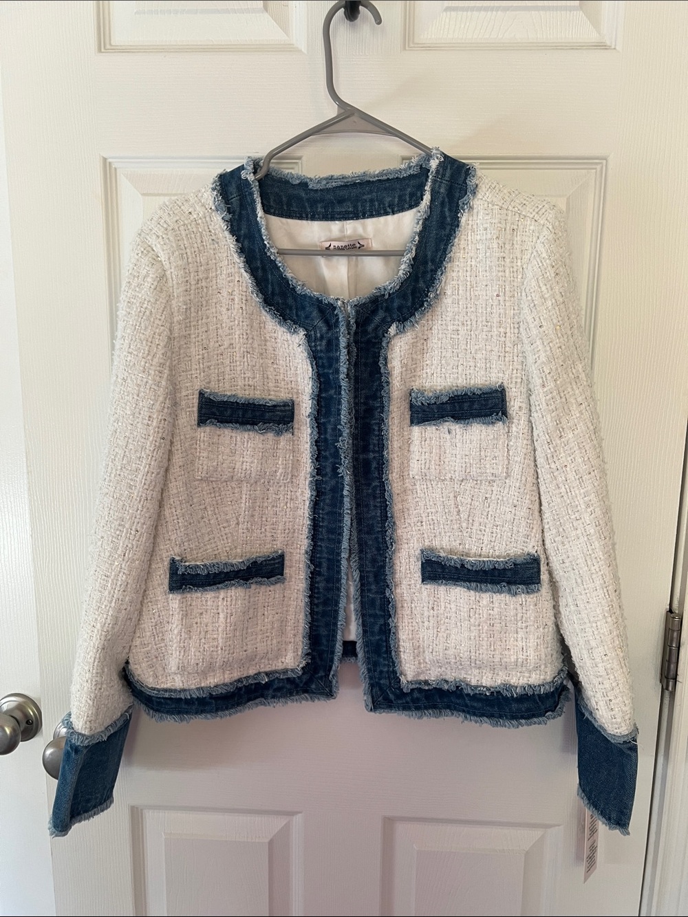 Nanette Lepore White Tweed Jacket with Blue Denim Trim